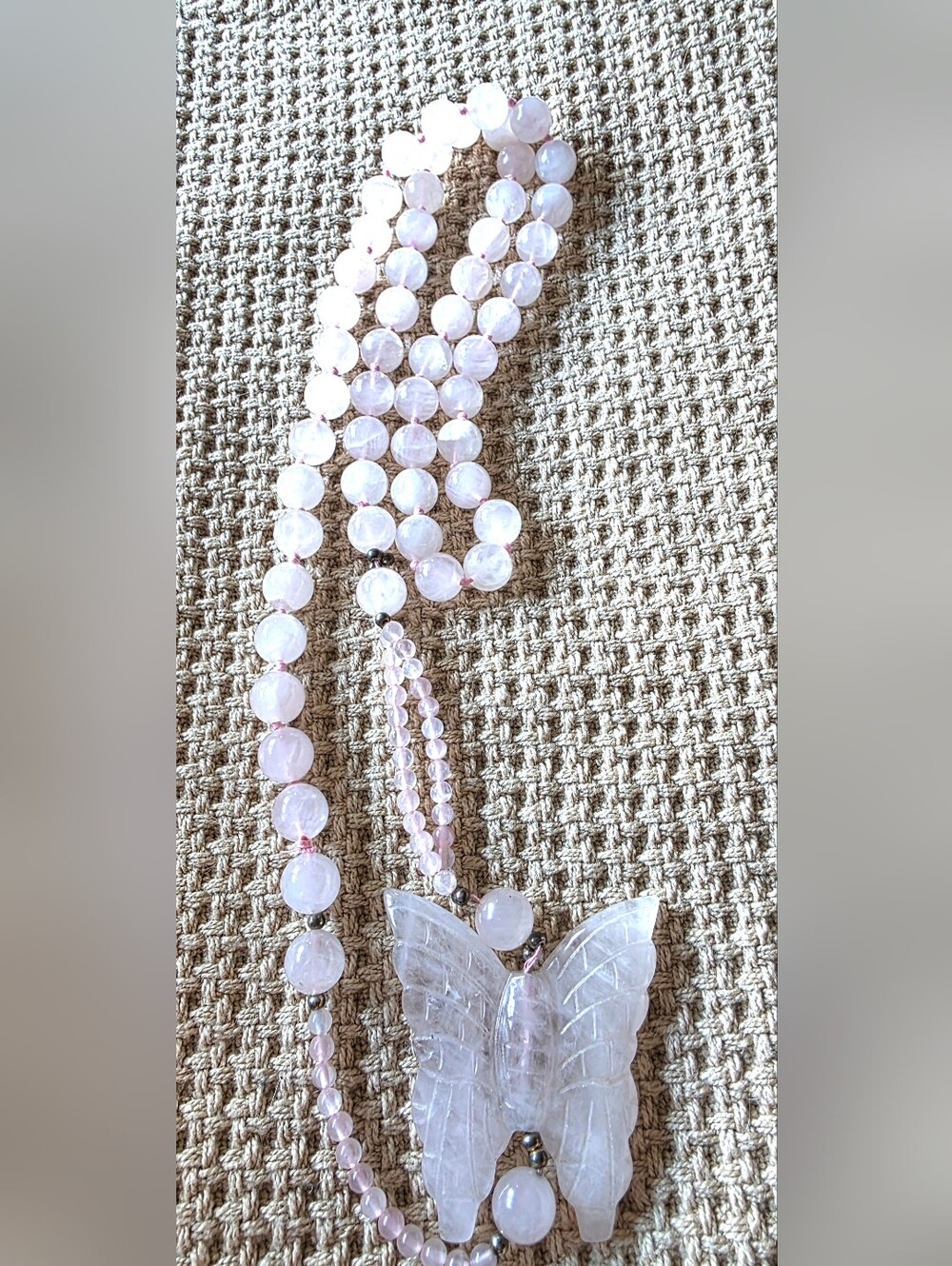 Vintage Artisan Rose Quartz Crystal Bead Necklace Butterfly Pendant - Picture 3 of 9